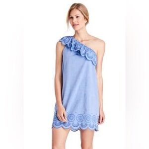 𝅺vineyard Vines Blue One Shoulder Eyelet Ruffle Chambray Dress Sz XS